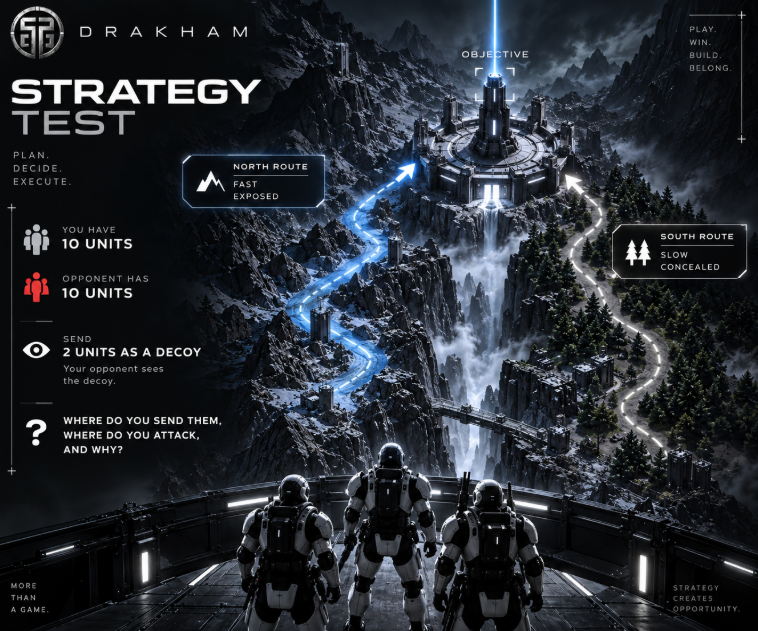 DrakhamDrops's tweet photo. STRATEGY TEST - $50

You have 10 units. Your opponent has 10.

Two routes:

North: Fast, exposed
South: Slow, concealed

You can send 2 units as a visible decoy. Your other 8 stay hidden.

Where do you send the decoy? Where do you actually attack - and why?

Explain how you’d mislead and outplay your opponent.