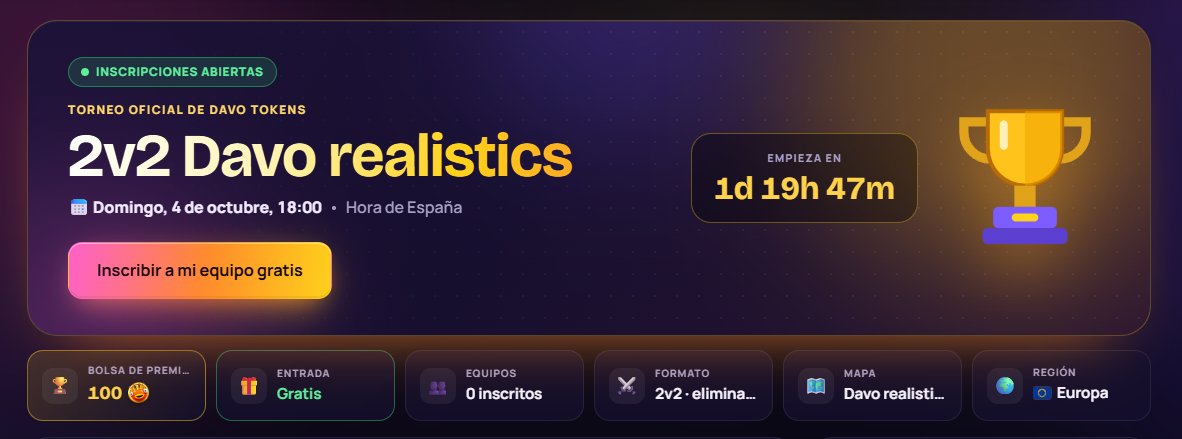 SrDavo22's tweet photo. Torneo de tokens de 25€ 🎉 
ㅤ
Registrarse en el torneo es gratis: https://t.co/8GftsOPqW6

❗Ahora puedes jugar en la página sin DavoCoins.

Si apoyas este tweet recibes 1 DavoCoin gratis. 💸
Abre ticket para reclamarlo. https://t.co/gD3e965EK4