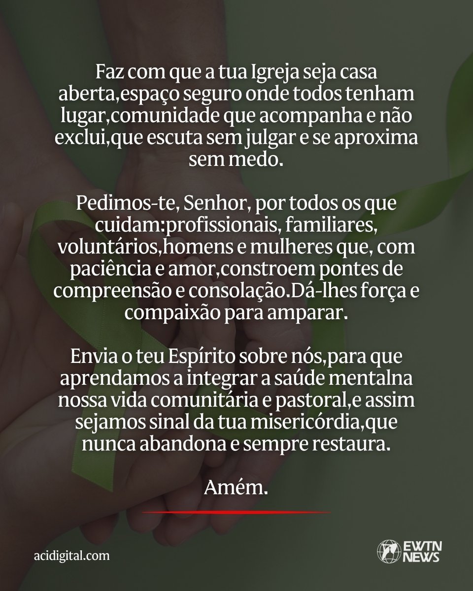 acidigital's tweet photo. A intenção de oração do papa Leão XIV para o mês de outubro é pelo ministério da saúde mental.

“Melancolia, mau caráter, confusão dos sentidos — hoje, entendemos que por trás desses rótulos antigos reside um sofrimento profundo e silencioso, não só daqueles afetados por transtornos mentais, mas também de seus entes queridos e de suas comunidades”, disse o papa Leão XIV em vídeo divulgado ontem (1) na rede social X.

Ele disse: “Vivemos num mundo cheio de tensões, e mesmo com o aumento das soluções, cresce também o número de pessoas em crise. Neste mês de outubro, oremos pelo ministério da saúde mental — um serviço urgente e cada vez mais necessário em nossa Igreja e no mundo”.

➡️ Arraste para o lado e reze a oração de intenção do papa Leão XIV para este mês. 

📌 Siga @acidigital para mais conteúdo católico.