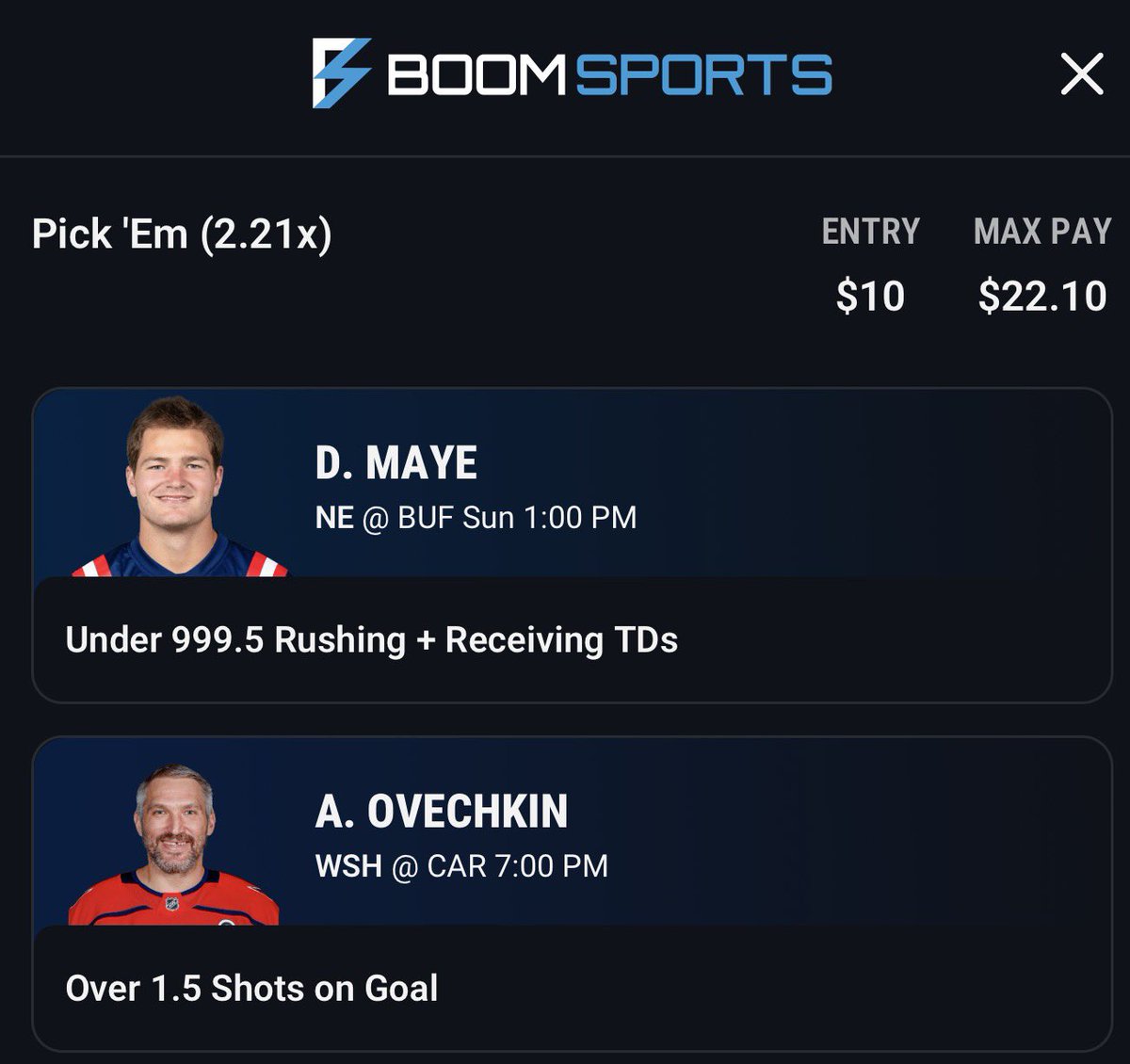 Thecoachcapper's tweet photo. 🔥 BOOM SPORTS GIMME PLAY 🔥

We’re rolling with a 2-leg Pick’em 👀

🏈 D. Maye — UNDER 999.5 Rush + Rec TDs
🏒 A. Ovechkin — OVER 1.5 Shots on Goal

🔬- @BetalyticsInc 

Let’s get this one CASHING! 💵🤑

#SportsBetting #NFL #NHL #PickEm #BoomSports #TheCoachCapper #BettingTwitter #SportsPicks