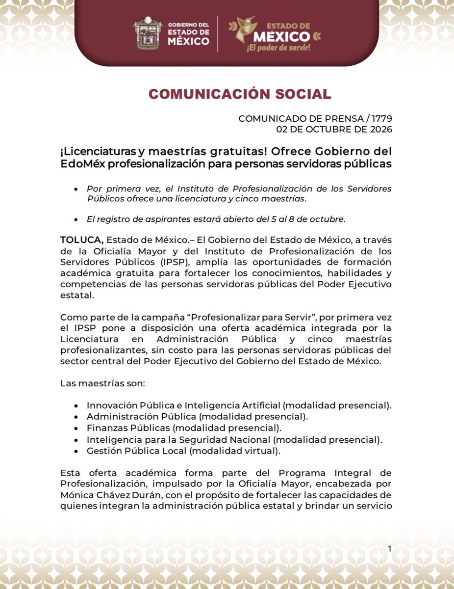 OficialiaEdoMex's tweet photo. 📰#ComunicadoDePrensa:
¡Licenciaturas y maestrías gratuitas! 
Ofrece @Edomex profesionalización para personas servidoras públicas. 
• Por primera vez, el @IPSPedomex ofrece una licenciatura y cinco maestrias. https://t.co/chahqaqcvG