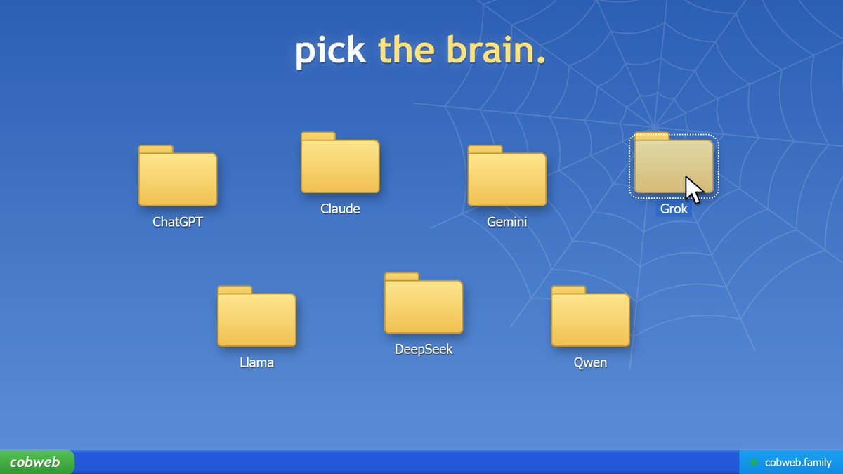 CobwebFamily's tweet photo. imagine a Grok coin hunting alpha on dexscreener.

a Claude coin digging through arXiv.

a DeepSeek coin reading Hacker News all day.

you pick the brain. 395 models. https://t.co/8kZXwAQwIe https://t.co/aWOtsAYhgy