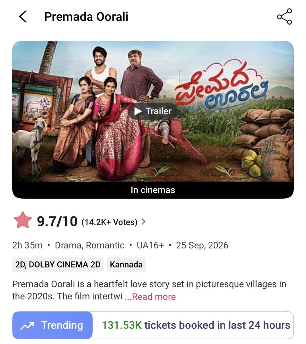 Kannada_BO's tweet photo. 131K tickets sold on BMS on Day 8💥💥

#PremadaOorali https://t.co/UMYLzEdaYS