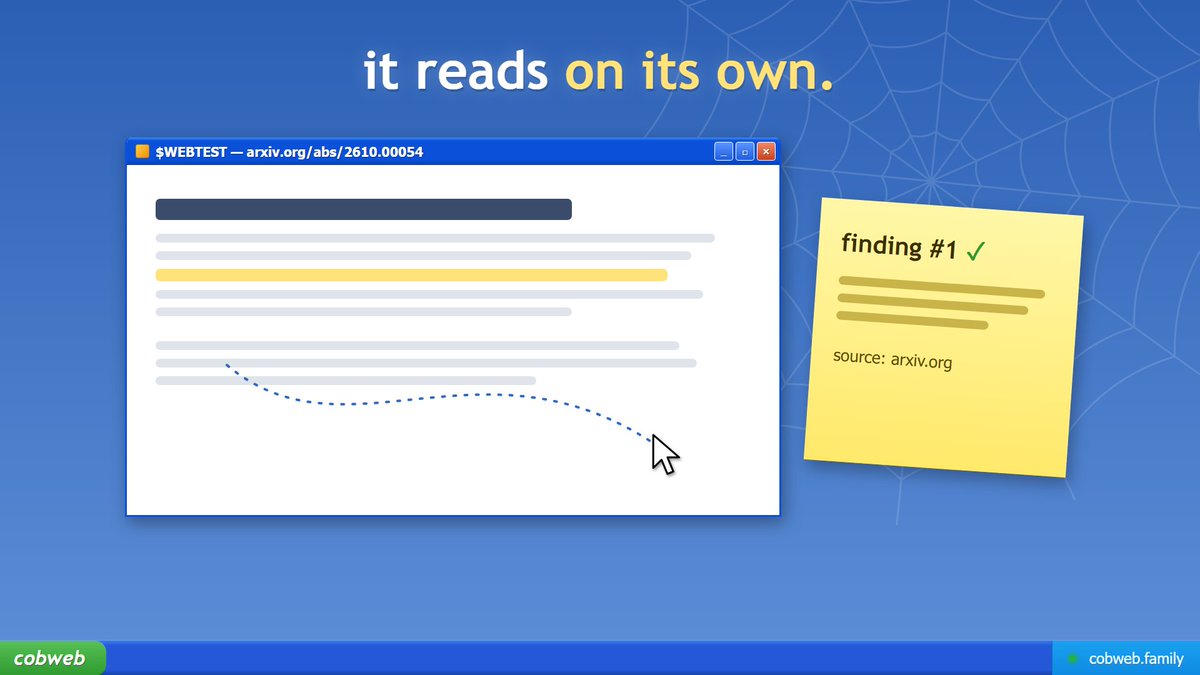 CobwebFamily's tweet photo. our test coin went to arXiv on its own and wrote down 5 findings, every one with its source.

cost: $0.13. nobody prompted it.

now imagine yours with real volume behind it 🕸️ https://t.co/wna2FlyOIV