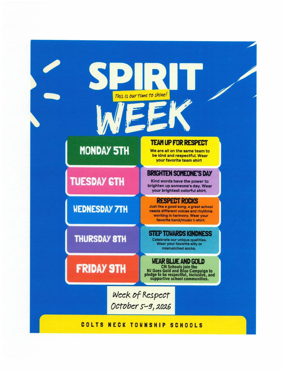 ConoverRoadES's tweet photo. October 5-9 is our #WeekOfRespect @CNSchools. We will kick off the week @ConoverRoadES with a School wide Meeting on Monday and encourage all to wear your favorite team shirt as we team up for RESPECT! #NJGoesGoldandBlue https://t.co/VsH38wROOE