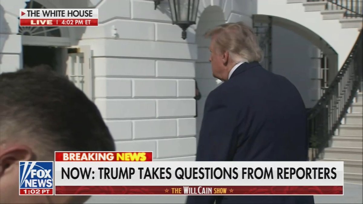 This Fox News broadcast from the White House shows Donald Trump at 4:02 PM ET, with a "BREAKING NEWS" banner announcing "NOW: TRUMP TAKES QUESTIONS FROM REPORTERS" on "The Will Cain Show," which corresponds to the moment Trump was responding to a reporter's question regarding New York's governor appointing Letitia James as a special prosecutor in the Cornell rape case.