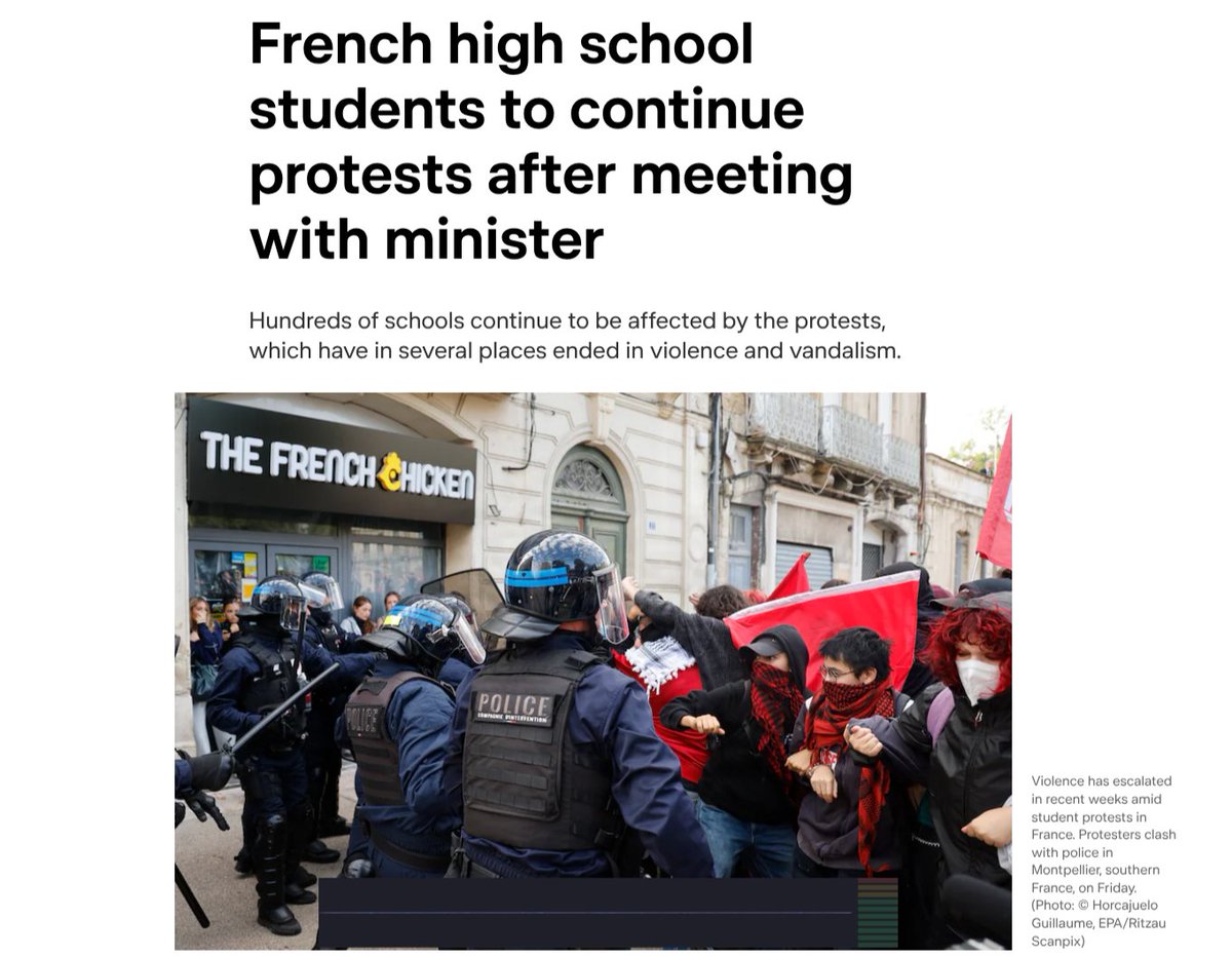 jonatanpallesen's tweet photo. A look at how the European media covers the violent French riots.

The largest Danish new media, DR, has only a small feature on the main page.

It describes the riots as "French high school students continue to protest". 
(I translate the texts to English.)

The picture is with the police as the central element.

1/n