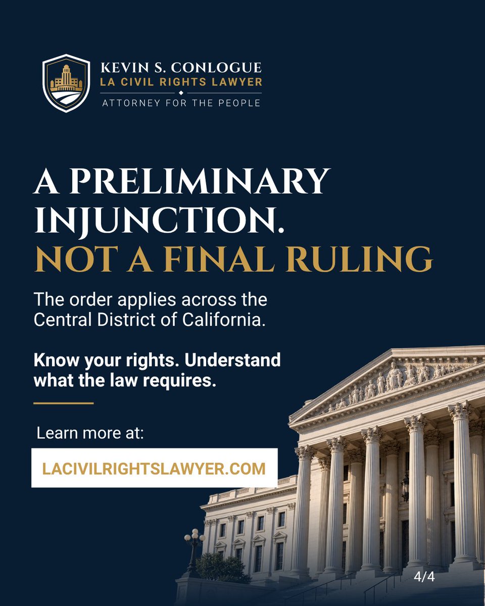 lacivilrightsla's tweet photo. A court in Los Angeles has limited warrantless immigration arrests. Undocumented status alone is not enough to establish escape risk. Agents generally need a warrant unless specific circumstances indicate likely escape. The order is preliminary

#ImmigrationRights #KnowYourRights https://t.co/MR55PagYLa