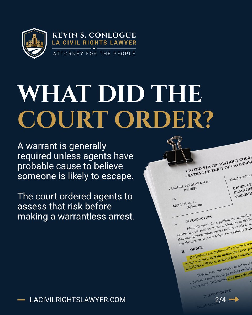 lacivilrightsla's tweet photo. A court in Los Angeles has limited warrantless immigration arrests. Undocumented status alone is not enough to establish escape risk. Agents generally need a warrant unless specific circumstances indicate likely escape. The order is preliminary

#ImmigrationRights #KnowYourRights https://t.co/MR55PagYLa