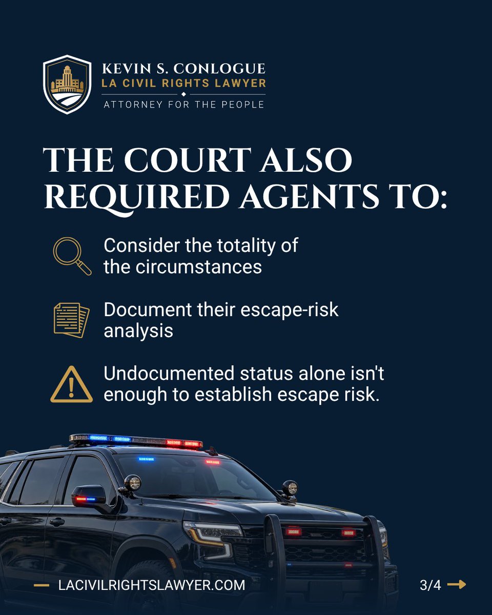 lacivilrightsla's tweet photo. A court in Los Angeles has limited warrantless immigration arrests. Undocumented status alone is not enough to establish escape risk. Agents generally need a warrant unless specific circumstances indicate likely escape. The order is preliminary

#ImmigrationRights #KnowYourRights https://t.co/MR55PagYLa