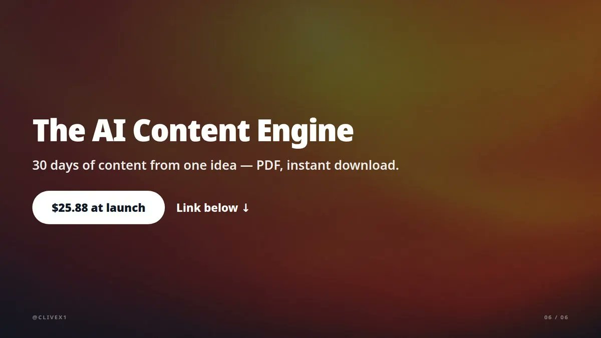 Clivex1's tweet photo. The AI Content Engine.
PDF, instant download.
$25.88 at launch.

One sitting. One idea. Thirty days.

Link below. https://t.co/5Xmj9iqdSM