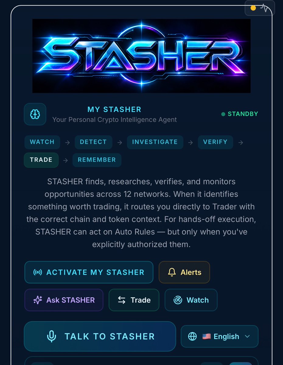 Stashcro's tweet photo. Introducing STASHER 🧠⚡
Your AI crypto co-pilot built to do the hunting while you focus on what matters.
🔎 Give STASHER a token. See what it finds.
Research tokens. Follow markets. Understand charts. Track news. Watch activity. Learn crypto. Discover opportunities. All from one place.
No bouncing between 10 different platforms. No drowning in endless data. No crypto degree required.
STASHER hunts. You decide.
HUNT. RESEARCH. LEARN. TRADE.
Powered by $STASH ⚡
#STASHER #STASH #Crypto #AI #DeFi