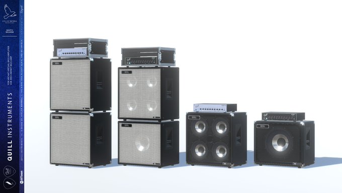 A product display showing multiple black audio amplifiers and speaker cabinets of different sizes, arranged on a light blue background with the "QUILL INSTRUMENTS" branding and website information visible on the left side.