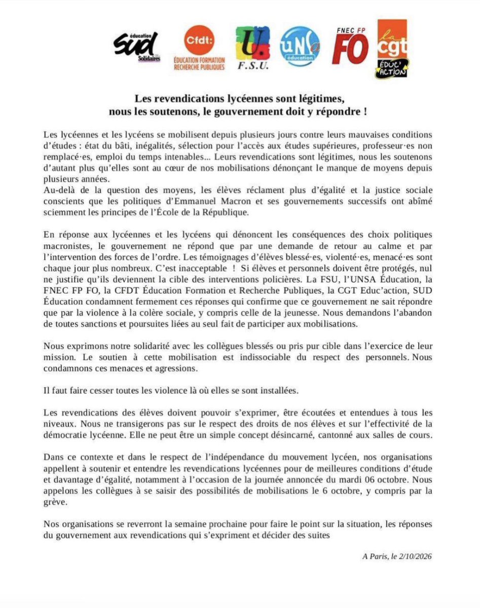 marxistJorge's tweet photo. France. Joint statement of all education unions in solidarity with striking high school students and calling on workers to consider going on strike on October 6. https://t.co/F7MWiixR4A
