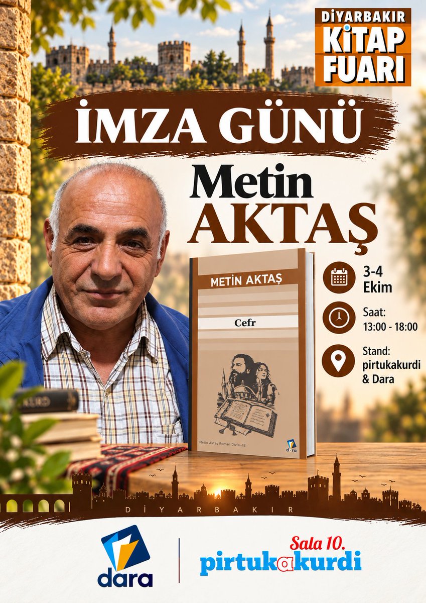 pirtukakurdi's tweet photo. DİYARBAKIR TÜYAP KİTAP FUARINDA SON 2 GÜN. YAZARLARIMIZ HAFTA SONU KİTAPLARINI İMZALAYACAK 

✒️ Metin Aktaş
✒️ Receb Dildar @recebdildar
✒️ Seîd Veroj @SeidVeroj

➡️ 13:00 - 18:00
@darayayinlari https://t.co/Ilh0oueelT