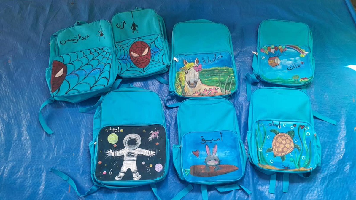 arabnews's tweet photo. As Gaza’s children return to school, local artists are painting aid-issued backpacks with rocket ships, princesses and horses, restoring a small sense of childhood. Read more: https://t.co/yhFievXXk5 https://t.co/96M3eUfbVu