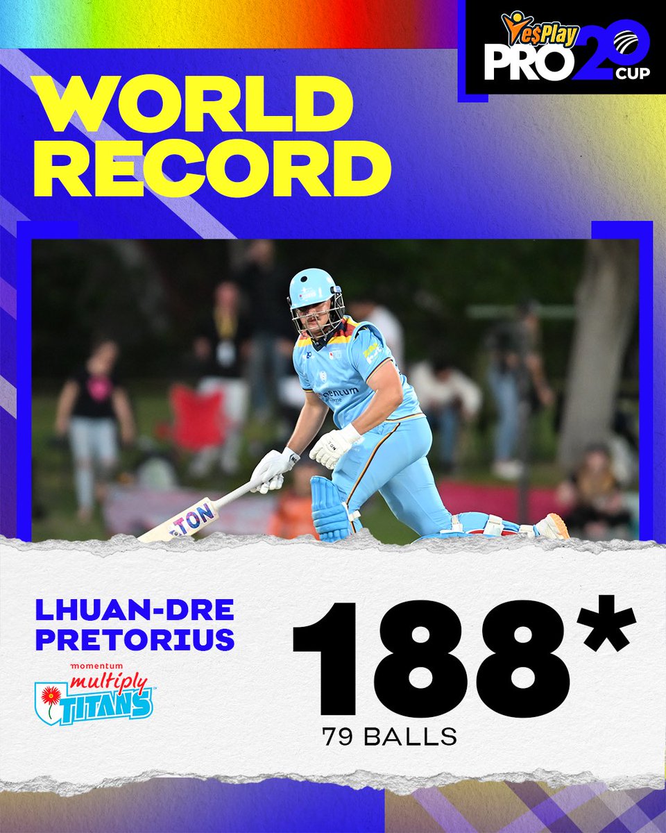 DomesticCSA's tweet photo. Lhuan-drΓ© Pretorius Goes Top! π€―
Lhuan-drΓ© Pretorius has rewritten the record books, smashing the highest individual score in all of T20 cricket with 188* off 79 balls! ππ
An innings for the history books! π
#Unbreakable #DCSA #YesPlayPro20Cup https://t.co/aZcUA4aK2P