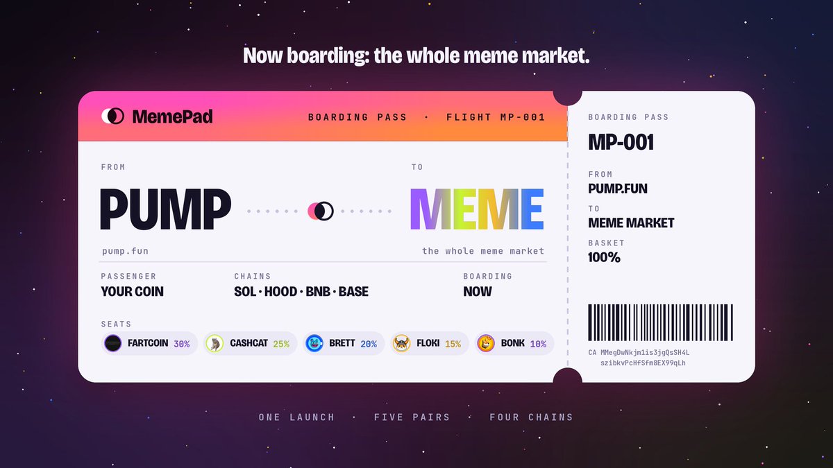 useMemePad's tweet photo. Now boarding: the whole meme market. ✈️

Flight MP-001
From: https://t.co/isA3L4DYsd
To: FARTCOIN, CASHCAT, BRETT, FLOKI, BONK

Your coin doesn't get one seat. It gets the whole plane.

One launch. Five pairs. Four chains.

Try it. https://t.co/nQj5FfuUQe https://t.co/p38lTpZcgR