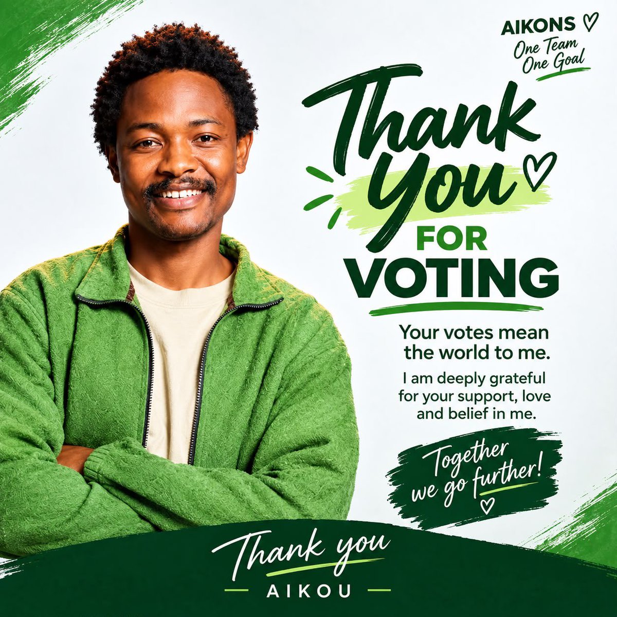 AikouAjanaku's tweet photo. AIKONS, YOU GUYS ARE TOO MUCH😭💚You really showed your workings

Voting has officially ended, and before anything else… WELCOME BACK TO THE TL😂💚 We know you’ve been missing in action because you’ve been busy doing the work voting, mobilising, pushing and showing up for Aikou every single day.

No matter what happens on Sunday, Handler is incredibly proud of you all. 🥹💚You gave this journey everything you had, and that alone means so much.

We’ve done our part. Now we wait. 🤞🏽💚

AIKONS, una too much🥹🫶🏽
Welcome back to the TL. You’ve earned this breather. 😂💚
#Aikou #BBNaija