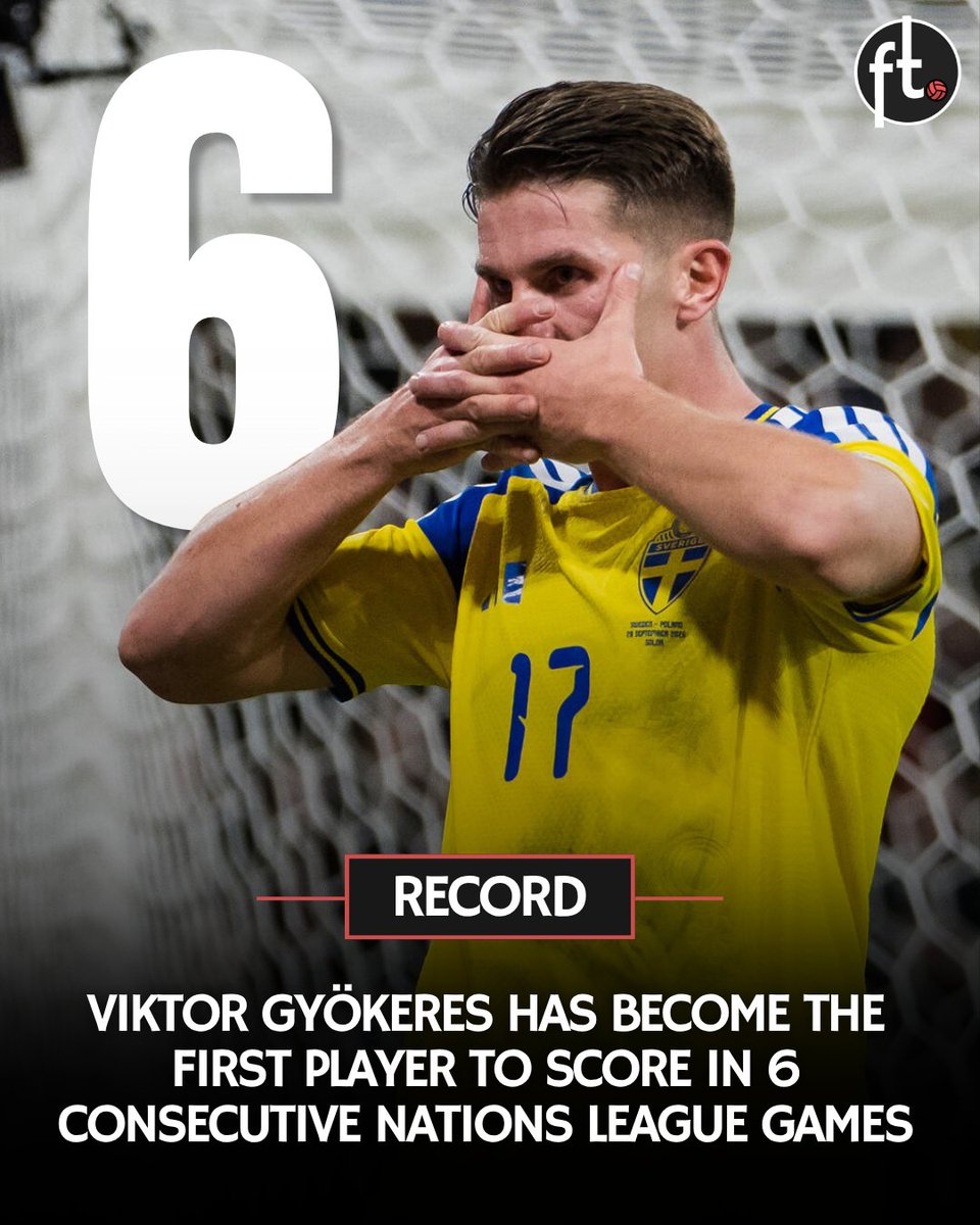 Footballtweet's tweet photo. 🚨 𝗥𝗘𝗖𝗢𝗥𝗗: Viktor Gyökeres has become the first player to score in 6 consecutive UEFA Nations League games.

⚽ vs. Bosnia 🇧🇦
⚽ vs. Poland 🇵🇱
⚽ vs. Romania 🇷🇴
⚽⚽⚽⚽ vs. Azerbaijan 🇦🇿
⚽ vs. Slovakia 🇸🇰
⚽ vs. Estonia 🇪🇪 https://t.co/GdCIHD3KYC