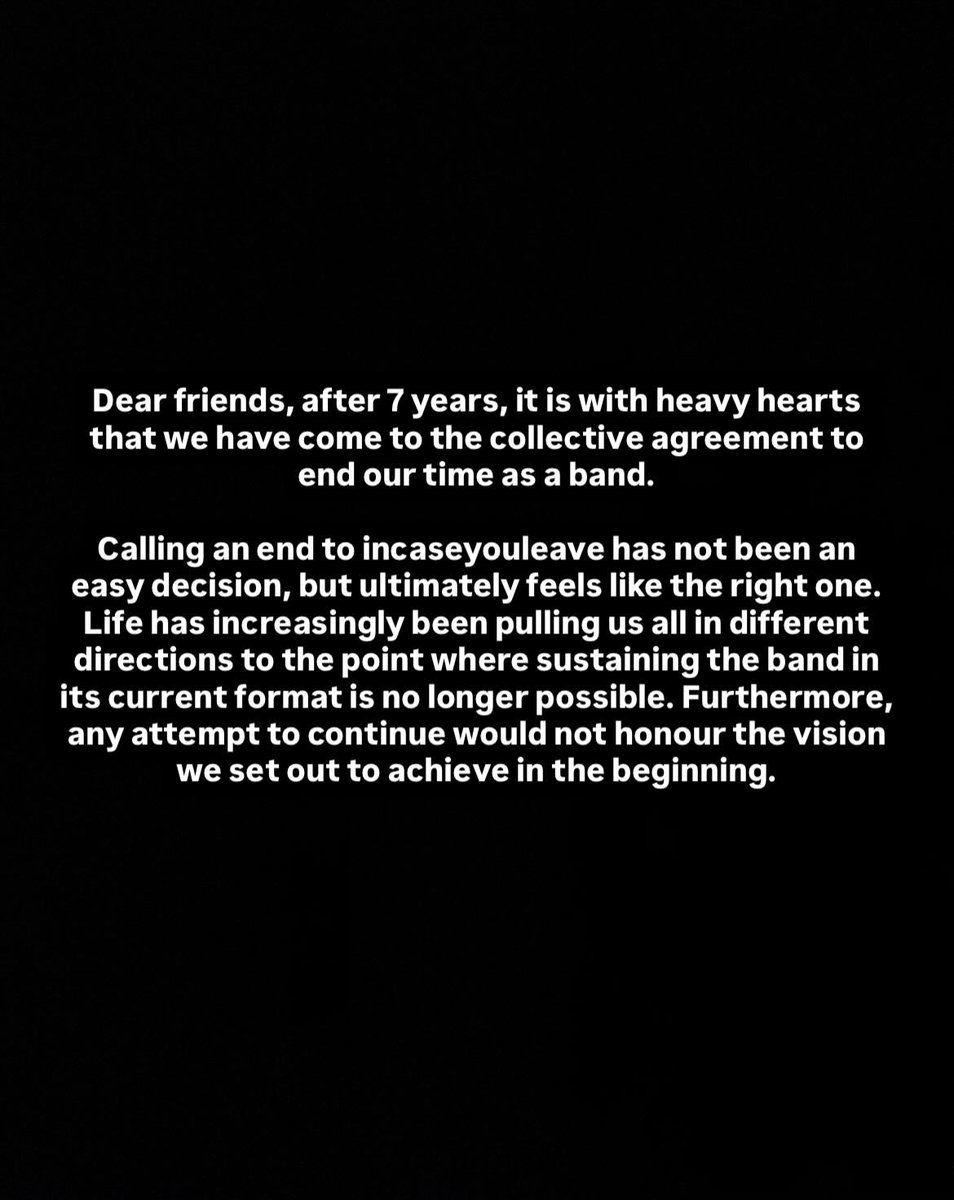 incaseyouleave's tweet photo. R.I.P. incaseyouleave ❤️ we will be calling time as a band in December.
See our full statement in the slides.
Check out our last two songs that we released yesterday - https://t.co/jmmA63VJlM
Thanks for everything!
#screamo #skramz #emo #posthardcore #mathrock #diyemo https://t.co/R67AB2JbDp