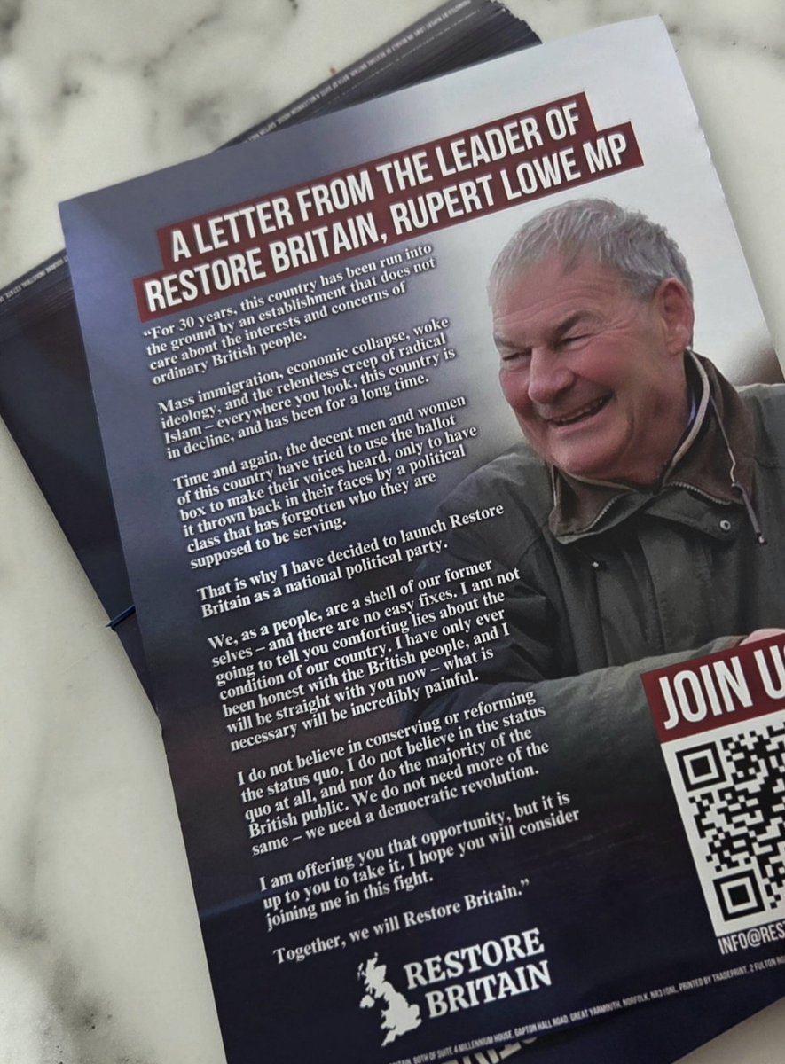 TheUKTherapist's tweet photo. I've noticed quite a few Restore Britain supporters asking how they can get some leaflets to post in their local area. Firstly, youโll need to join as a member which is ยฃ20 a year via their official site:
https://t.co/1r9HZE5nzt.
Once youโre a member, head to the volunteer portal: https://t.co/dwTZo3p8PP and from there you can search for your local branch and get connected so they can sort you out with leaflets for door-to-door drops. You can get involved as little or as much as you want. ๐ซก๐ฌ๐ง