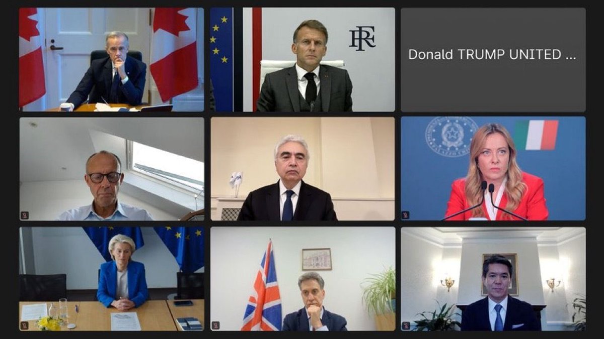 PolitlcsGlobal's tweet photo. 🚨🌍 NEW: G7 leaders held a meeting this afternoon to discuss the global energy market 

The call was hosted by President Macron https://t.co/yhnlD7Mknd