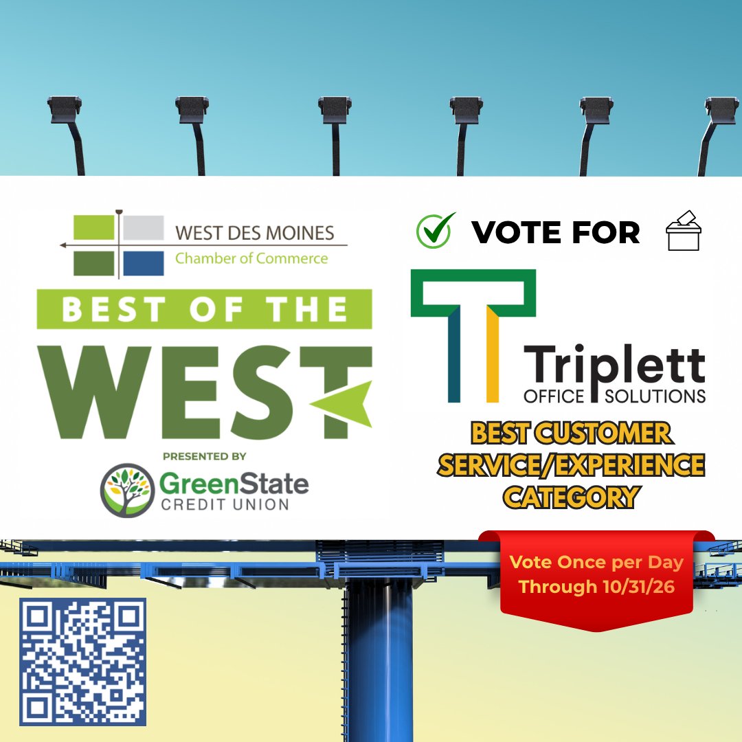 triplettoffice's tweet photo. Voting is now open for the West Des Moines Chamber of Commerce "Best of the West"! 🏆

Vote once daily for Triplett Office Solutions for the "Best Customer Service/Experience" category!
 https://t.co/MUKMv87NYX.

Voting ends 10/31/26. Thank you! 🤝 https://t.co/o7AzuOn1aa