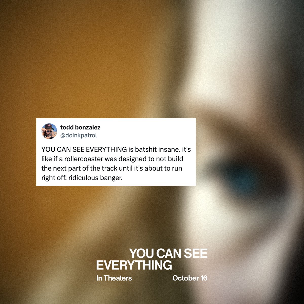 A24's tweet photo. “We’ll be talking about it for the rest of our lives.” Get tickets to YOU CAN SEE EVERYTHING – Only in theaters October 16.