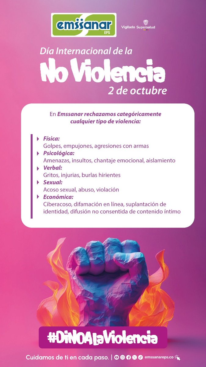 EmssanarEPS's tweet photo. En Emssanar creemos que cada persona merece vivir, trabajar y relacionarse en entornos libres de violencia.

🤝 Hagamos que el respeto sea nuestra forma de relacionarnos.

#DíaInternacionalDeLaNoViolencia #DiNoALaViolencia #NoALaViolencia #Emssanar #CuidamosDeTi https://t.co/gUKOFlBaic