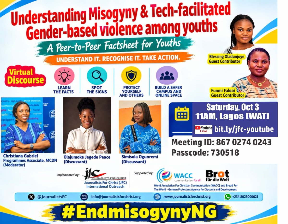 PoetofPiety's tweet photo. At what point does online hostility become #GBV?

Learn to spot the patterns of #TFGBV

as @JournalistsFC  invites youths to a FREE Zoom convo 2morrow:

Oct 3 | ⏰ 11 AM

https://t.co/CTJwFGX3gA

Meeting ID: 867 0274 0243

Passcode: 730518

#EndMisogynyNG https://t.co/0XJPlsfwOz