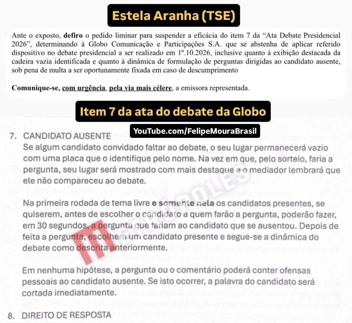FMouraBrasil's tweet photo. Não é preciso distorcer decisão para criticar.

Estela Aranha blindou Lula em 2 pontos:

- vetou cadeira vazia e púlpito com nome;

- vetou único momento de 30 segundos para pergunta direta a candidato ausente.

Não impediu críticas a Lula, muito menos menções a ele no debate da Globo.

Todos os candidatos poderiam criticar o presidente e, também, os magistrados que fazem o diabo para reelegê-lo.

O bolsonarismo distorce e agrava a decisão para tentar legitimar a amarelada de Flávio Bolsonaro para Renan Santos.

(https://t.co/RWscRH6Ojk)