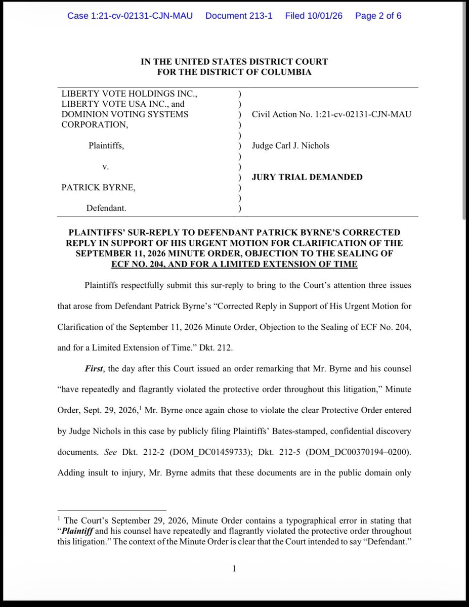 TheSCIF's tweet photo. DOMINION Voting Systems, now "Liberty Vote," is attempting to stop @PatrickByrne and @PeterTicktin from exposing election fraud and literally trying to seal the exhibits and evidence of fraud from the public domain.

Read these documents, the writing is on the wall. We will NOT let them win.