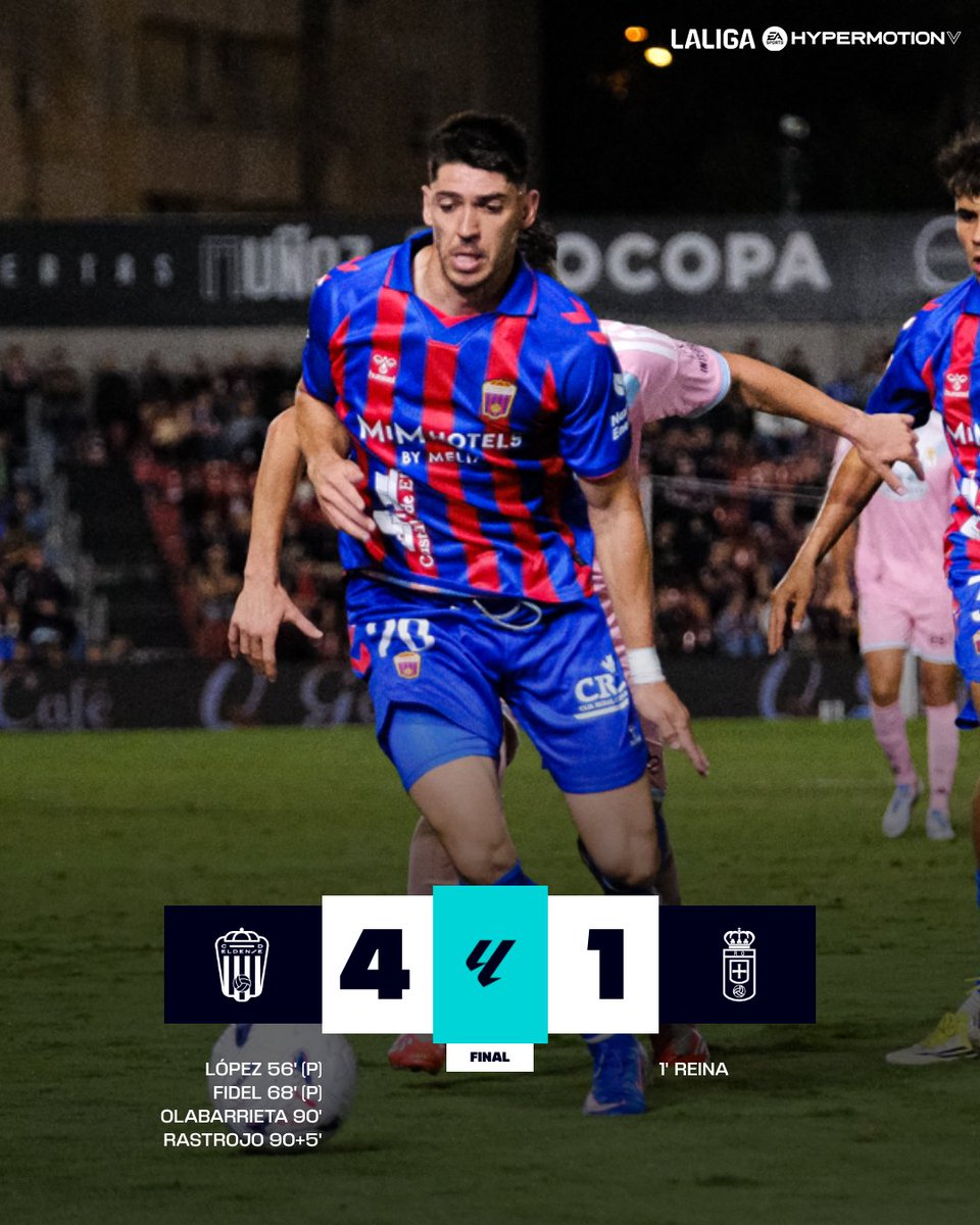LaLiga2's tweet photo. FINAL #EldenseRealOviedo 4-1

⚔️ ¡El @CD_Eldense logra la primera victoria en casa!

#AbiertoXLALIGAHYPERMOTION https://t.co/jAoxVt6Opz