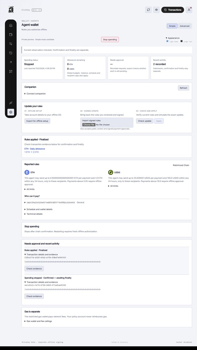 DriveKeyyy's tweet photo. The agent economy needs a control center. We’re building it.
DriveKey brings spending status, allowances, approvals and activity into one simple dashboard.
Rules signed offline. Control online. Dark or light. https://t.co/VskWSyZfzC