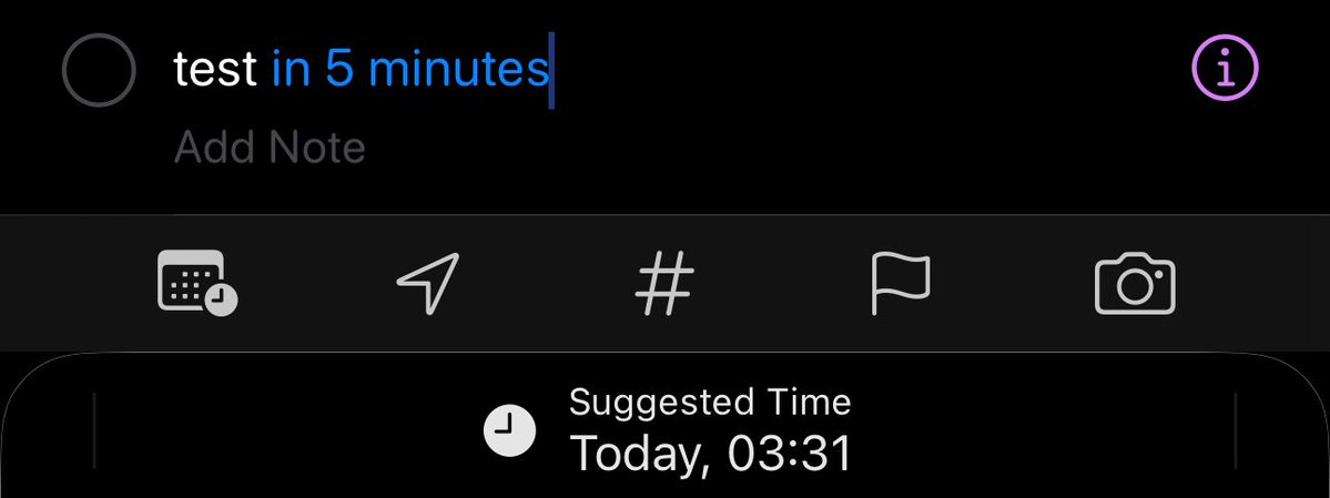 yaboimtd's tweet photo. just realized that in the Apple Reminders app, after typing reminder note, you can type, for example “in 5 minutes” and it will suggest you to set the exact time, so you dont have to go to options and set the time and date https://t.co/mYQ3LTOMdx
