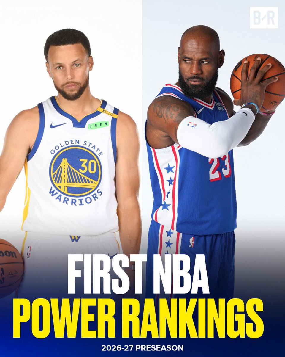 BleacherReport's tweet photo. NBA POWER RANKINGS AHEAD OF THE PRESEASON 🔥

30. Clippers
23. Warriors 
12. Lakers
4. 76ers
3. Knicks

See full rankings here: https://t.co/NWzWHFYqyi https://t.co/lN9QkRbOQQ