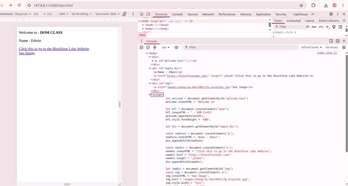 dev_edwin_'s tweet photo. Day 21/100

Today I started learning DOM Manipulation with JavaScript. 

I learned how JavaScript can access HTML elements, select elements from DOM, create new elements, change content, add attributes and dynamically update a webpage. https://t.co/Lulv2k0jQS