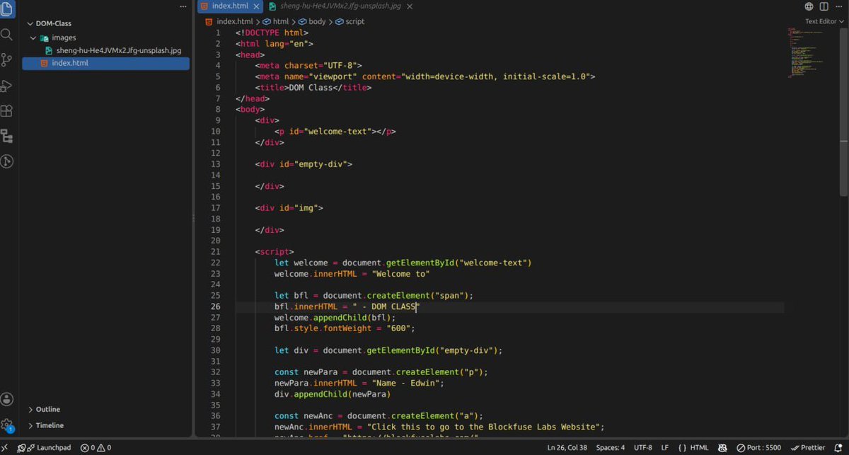 dev_edwin_'s tweet photo. Day 21/100

Today I started learning DOM Manipulation with JavaScript. 

I learned how JavaScript can access HTML elements, select elements from DOM, create new elements, change content, add attributes and dynamically update a webpage. https://t.co/Lulv2k0jQS