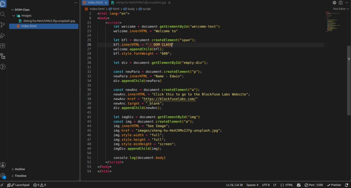 dev_edwin_'s tweet photo. Day 21/100

Today I started learning DOM Manipulation with JavaScript. 

I learned how JavaScript can access HTML elements, select elements from DOM, create new elements, change content, add attributes and dynamically update a webpage. https://t.co/Lulv2k0jQS