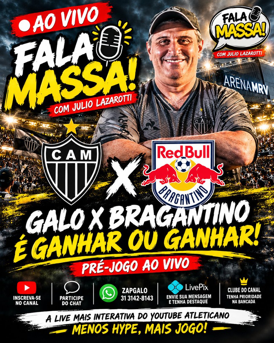 ArqdoGalo's tweet photo. 🔥 PRÉ-JOGO GALO X BRAGANTINO AO VIVO NO FALA MASSA, A PARTIR DAS 21H!

⚽ Pré-jogo
📋 Escalação do Galo
🔎 Análise do Bragantino
💬 Participação da Massa
📲 ZAPGALO

💻 https://t.co/S3Fl6B5HmU

#Galo #AtleticoMineiro #GaloXBragantino #Brasileirao #FalaMassa https://t.co/KB8PziySCZ