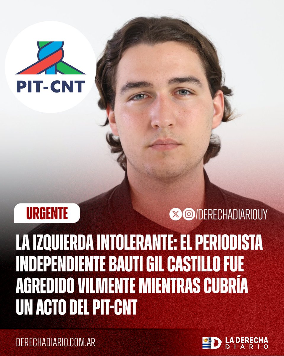 DerechaDiarioUY's tweet photo. 🇺🇾 | EL ZURDAJE PATOTERO: El periodista independiente Bauti Gil Castillo fue a cubrir un acto del PIT-CNT y terminó vilmente agredido por una patota de militantes del PIT-CNT. Cuando los zurdos no pueden controlar el relato, responden con violencia. https://t.co/SxyZu7IVlL