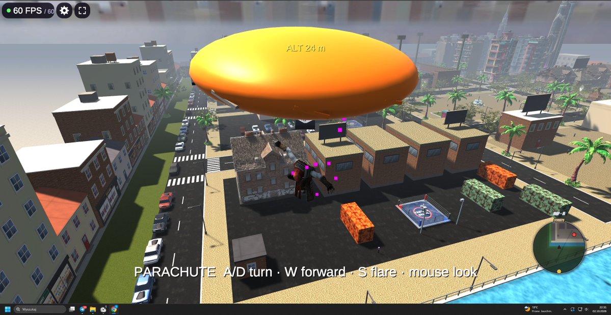 TrenchBrawlRH's tweet photo. Spent the whole day adding a new game mode to Trench Brawl: Battle Royale.

The brawler stays. Now you can also drop from a plane over the city, parachute in, grab a gun and side-roll into slow-mo shootdodges.

The parachute is still an orange blob and the bots don't react to bullets yet. Minor details.

Shipping anyway.

https://t.co/Wiy7w4amgF