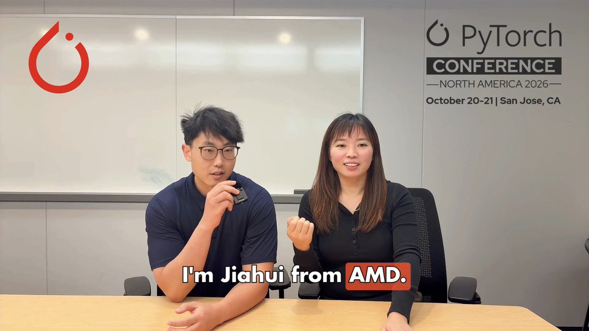 Two presenters seated at a table at the PyTorch Conference North America 2026 (October 20-21, San Jose, CA), with the woman on the right saying "I'm Jiahui from AMD" as shown in the subtitle.