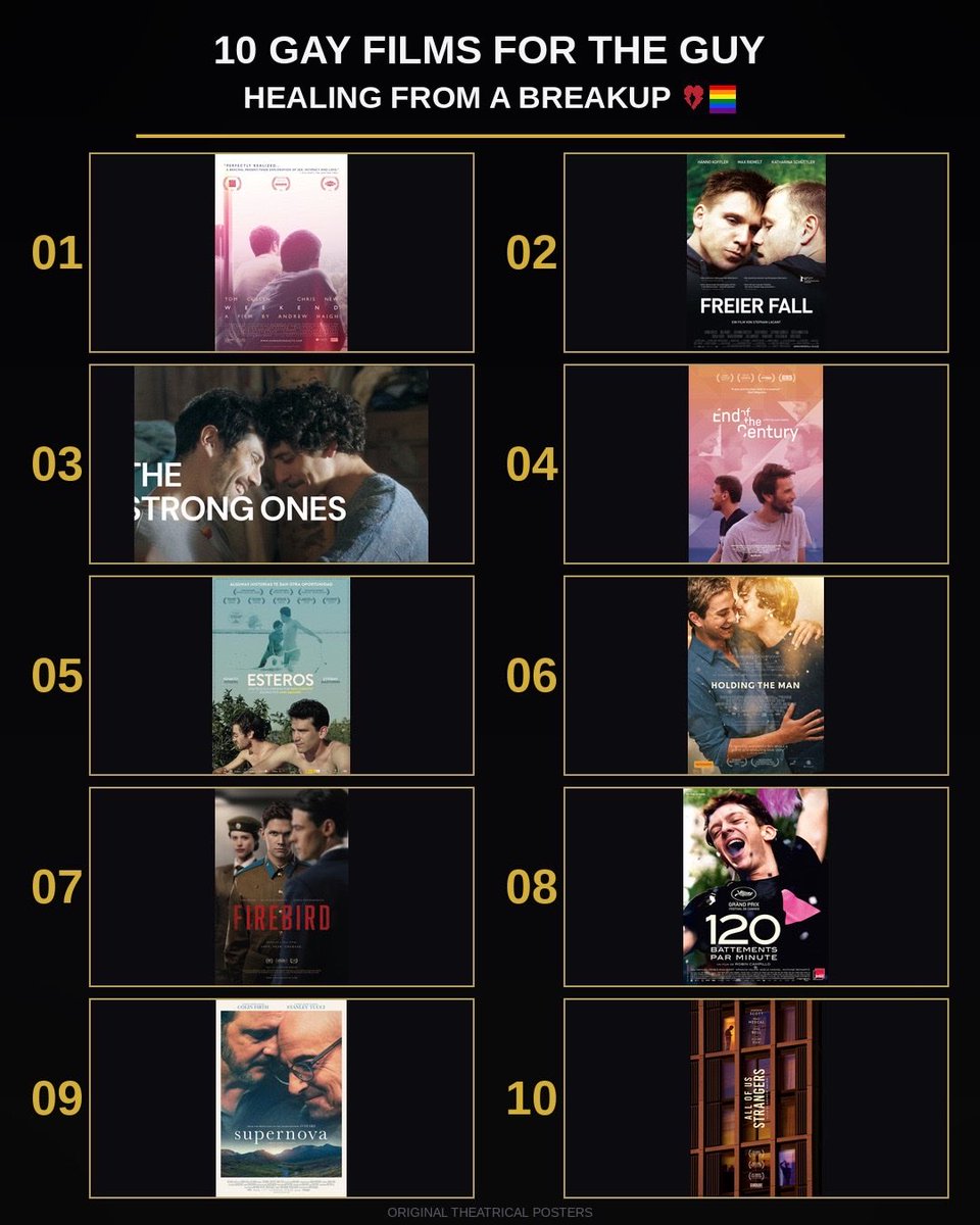 DonMike_X's tweet photo. For the gay man healing from a breakup 💔🏳️‍🌈

10 gay films I’d recommend to the guy who is trying to get over someone he genuinely loved.

-Weekend (2011)
-Free Fall (2013)
-The Strong Ones (2019)
-End of the Century (2019)
-Esteros (2016)
-Holding the Man (2015)
-Firebird (2021)
-BPM (Beats per Minute) (2017)
-Supernova (2020)
-All of Us Strangers (2023)