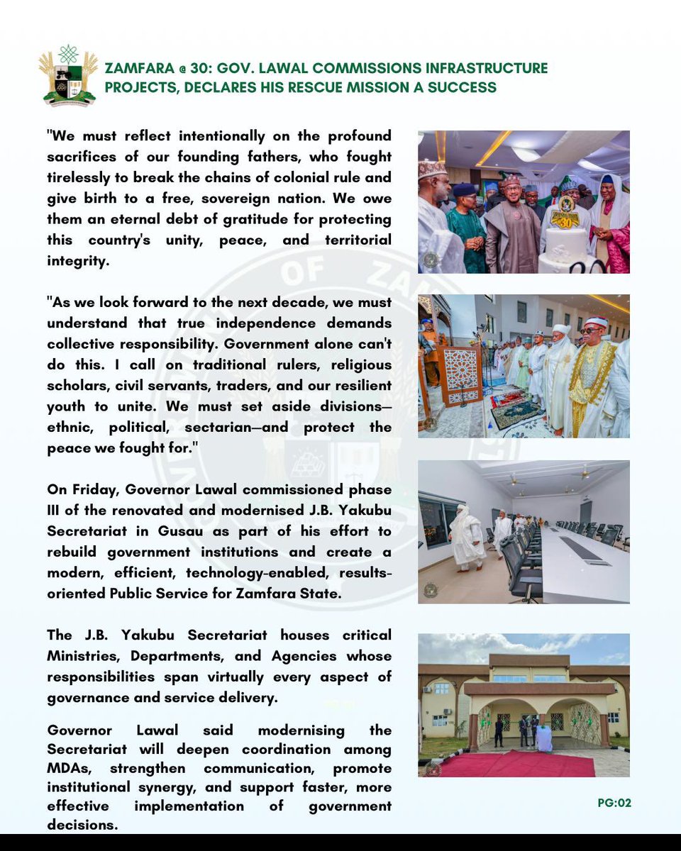 Itz_zayyad1's tweet photo. PRESS STATEMENT

ZAMFARA @ 30: GOV. LAWAL COMMISSIONS INFRASTRUCTURE PROJECTS, DECLARES HIS RESCUE MISSION A SUCCESS

Governor Dauda Lawal declared that his administration's rescue mission is transforming Zamfara State across critical sectors.

On Thursday, the governor began a series of events and project commissioning to mark Zamfara State's 30th Anniversary.

The 30th Anniversary and commissioning were attended by the Pioneer Military Administrator of Zamfara State, Col. Jibril Bala Yakubu (Rtd.), former governors Ahmed Sani Yarima and Mahmud Aliyu Shinkafi, and other dignitaries.

During his speech at the National Independence Day parade and Zamfara's 30th Anniversary at the Trade Fair Complex in Gusau, Governor Lawal said Zamfara has moved from despair to an era of clear execution, transparency, and sustainable development.

He said, "Today, we join Nigerians in celebrating Independence Day and mark three decades since Zamfara State was created on October 1, 1996. Alhamdulillah for Allah's grace, mercy, and protection that have guided us through trials and triumphs, uniting us in a shared destiny.

"As we watched our gallant security forces, paramilitary agencies, vibrant students and youth march in unity on this parade ground, we were reminded of the resilience that defines the Nigerian spirit and, most specifically, the strength of character of our people.

"We must reflect intentionally on the profound sacrifices of our founding fathers, who fought tirelessly to break the chains of colonial rule and give birth to a free, sovereign nation. We owe them an eternal debt of gratitude for protecting this country's unity, peace, and territorial integrity.

"As we look forward to the next decade, we must understand that true independence demands collective responsibility. Government alone can't do this. I call on traditional rulers, religious scholars, civil servants, traders, and our resilient youth to unite. We must set aside divisions—ethnic, political, sectarian—and protect the peace we fought for."

On Friday, Governor Lawal commissioned phase III of the renovated and modernised J.B. Yakubu Secretariat in Gusau as part of his effort to rebuild government institutions and create a modern, efficient, technology-enabled, results-oriented Public Service for Zamfara State.

The J.B. Yakubu Secretariat houses critical Ministries, Departments, and Agencies whose responsibilities span virtually every aspect of governance and service delivery.

Governor Lawal said modernising the Secretariat will deepen coordination among MDAs, strengthen communication, promote institutional synergy, and support faster, more effective implementation of government decisions.

"Today's occasion is significant as we welcome His Excellency, Col. Jibril Bala Yakubu (Rtd.), Zamfara's pioneer Military Administrator, after whom this Secretariat is named. As Zamfara marks thirty years since its creation, it's fitting that a leader from our foundation is here to witness this milestone."

Earlier, the pioneer Military Administrator of Zamfara State, Col. Jibril Bala Yakubu (Rtd.), lauded Governor Lawal's giant strides, particularly in infrastructure, education, and health.

On the same Friday, His Eminence, the Sultan of Sokoto, Alhaji Muhammadu Sa'ad Abubakar III, CFR, mni, commissioned the reconstructed and remodelled Jumu'at Mosque (Yardole) and its attached shopping complex.

The mosque, named after Malam Sambo Dan Ashafa, a renowned Islamic scholar and companion of the great (MUJADDADI) and leader of the 1st Sokoto Jihad, Sheikh Uthman Ibn Fodiyo, will also serve as an Islamic and research learning centre.

SULAIMAN BALA IDRIS
Spokesperson for the Zamfara Governor
October 02, 2026