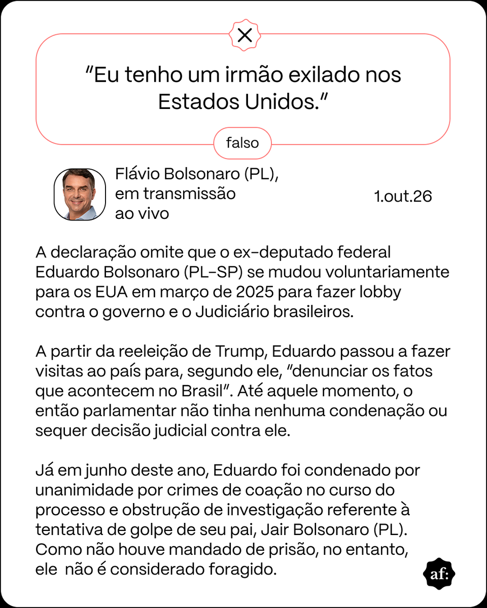 aosfatos's tweet photo. Também é falso que o irmão do senador, o ex-deputado federal Eduardo Bolsonaro (PL-SP), esteja exilado nos Estados Unidos.

Eduardo se mudou voluntariamente para o país em março de 2025 para fazer lobby contra o governo e o Judiciário brasileiros. https://t.co/HpVQ2MIo76