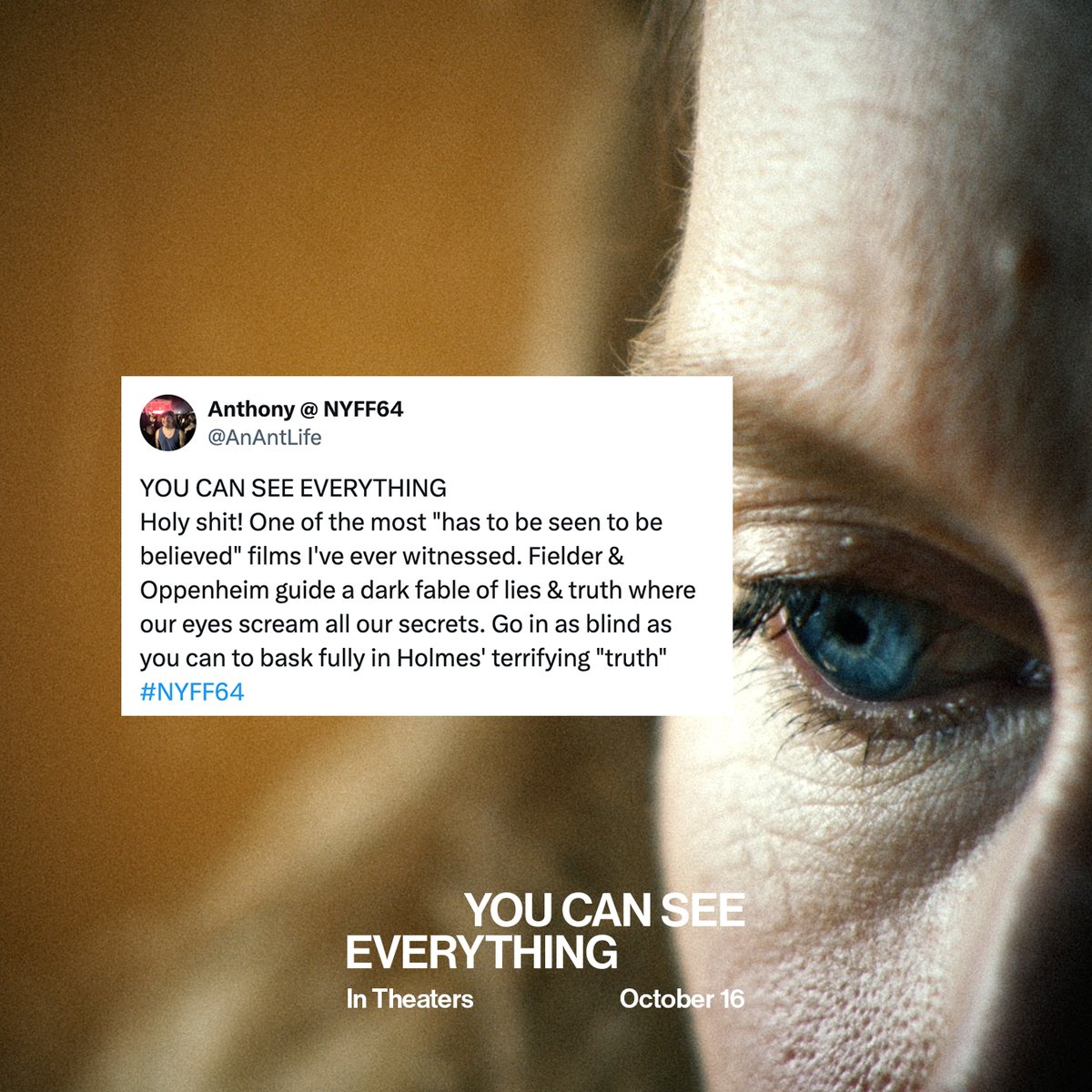 A24's tweet photo. “We’ll be talking about it for the rest of our lives.” Get tickets to YOU CAN SEE EVERYTHING – Only in theaters October 16.