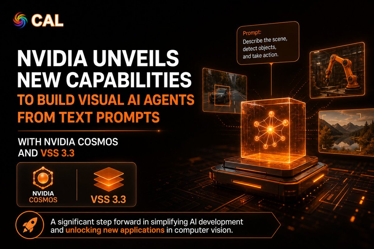 CosmosAILab's tweet photo. NVIDIA unveils new capabilities to build visual AI agents from text prompts using NVIDIA Cosmos and VSS 3.3. This marks a significant step forward in simplifying AI development, allowing users to create powerful AI applications with just text input.

#CAL #NVIDIA https://t.co/zlS9DJ1JgI