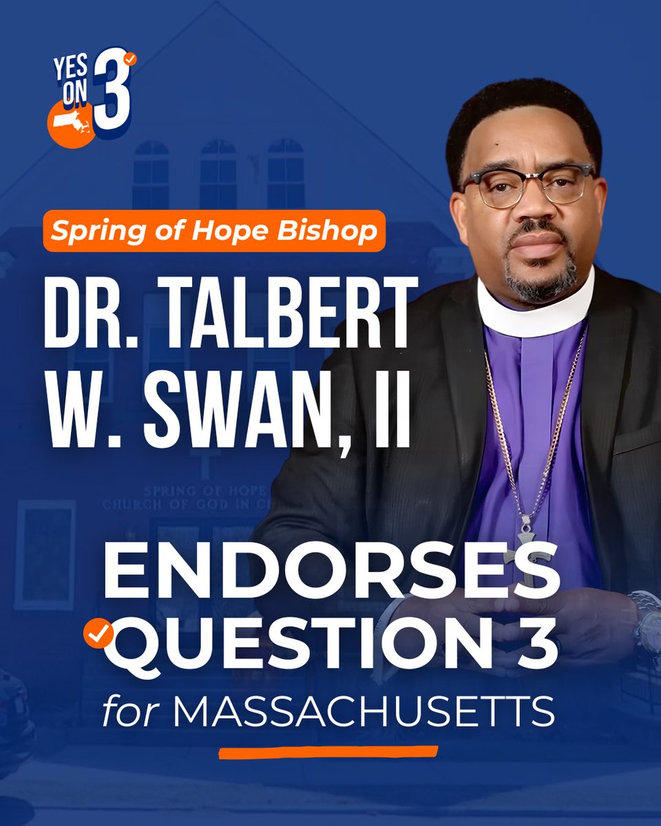 vote_yeson3ma's tweet photo. ‼️ @TalbertSwan  Endorses Question 3

As a community leader and builder, Bishop Swan knows that Massachusetts thrives off of empowering ALL voters. Question 3 would raise competition and accountability, so that NO voter is taken for granted. 

Join our broad and diverse coalition in helping us pass All-Party Primaries. Go to https://t.co/yQv6HX1k41 to get involved! 

#yeson3 #springofhope #faith #massachusetts #springfield